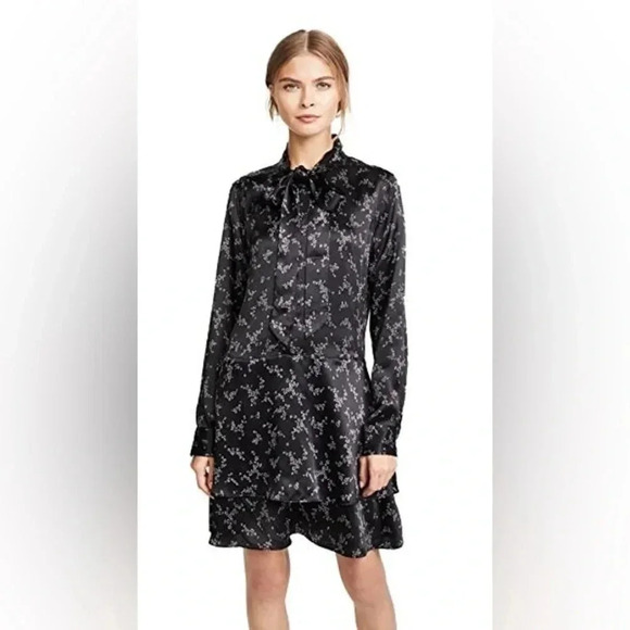 Equipment Dresses & Skirts - Equipment Natalia Tie Neck 100% Silk Black/White Floral Whimsical Tiered Dress